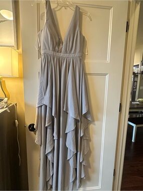 Minuet Petite Light Gray High-Low Ruffle V-Neck Dress
